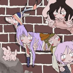5girls animal animal_ears bad_id bad_twitter_id black_hair blonde_hair blue_hair blush blush_stickers bow bowtie brick_wall broken_wall carrot_necklace double_v dress floppy_ears formal_clothes hat inaba_mob_(touhou) inaba_tewi jewelry multiple_girls necklace oshouyu_tabetai outline peeking_out pink_dress purple_hair rabbit rabbit_ears reisen reisen_udongein_inaba ringo_(touhou) rock seiran_(touhou) shirt smile suit touhou v wall