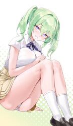 1girl absurdres ass black_shoes blue_eyes breasts button_gap choyeon collared_shirt green_hair grin hashtag-only_commentary highres kneehighs knees_up large_breasts loafers long_hair looking_at_viewer multicolored_eyes neck_ribbon panties purple_eyes ribbon school_uniform shirt shirt_tucked_in shoes short_sleeves sitting skirt smile socks solo stellive thighs twintails two-tone_background two-tone_eyes underwear virtual_youtuber white_background white_panties white_shirt white_socks yellow_skirt yuzuha_riko