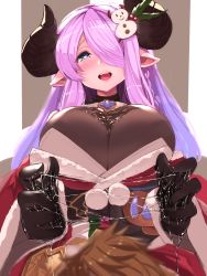 1boy 1girl asai_makoto black_gloves blue_eyes braid breasts demon_horns draph gloves gran_(granblue_fantasy) granblue_fantasy hair_ornament hair_over_one_eye heart heart-shaped_pupils hetero highres horns large_breasts light_purple_hair long_hair low_tied_hair lubrication narmaya_(granblue_fantasy) narmaya_(holiday)_(granblue_fantasy) pointy_ears purple_hair single_braid snowman_hair_ornament straddling symbol-shaped_pupils