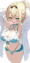 Rule 34 | 1girl, @ @, alternate breast size, alternate costume, aqua eyes, arms behind head, arms up, bikini, bird, black hairband, blonde hair, blue bikini, breasts, cleavage, commentary, criss-cross halter, cropped legs, darjeeling (reley), double-parted bangs, frilled bikini, frills, front-tie bikini top, front-tie top, hair between eyes, hairband, halterneck, highleg, highleg bikini, highres, hololive, jacket, java sparrow, kazama iroha, large breasts, looking at viewer, multi-strapped bikini bottom, multi-strapped bikini top, navel, o-ring, o-ring bikini, open clothes, open jacket, open mouth, short hair, simple background, solo, stomach, striped bikini, striped clothes, swimsuit, symbol-only commentary, virtual youtuber, wavy mouth, white background, white java sparrow