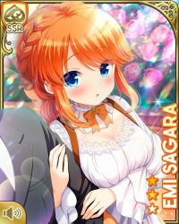 1boy 1girl :o alternate_hairstyle black_ribbon blue_eyes bow braid breasts character_name cleavage day dress flower garden girlfriend_(kari) hair_bow holding_another&#039;s_arm long_sleeves looking_at_viewer mansion medium_hair official_art open_mouth orange_bow orange_hair outdoors pink_flower pink_rose qp:flapper ribbon rose sagara_emi standing tagme yellow_dress