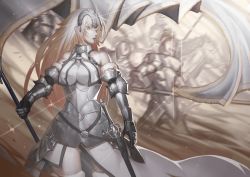 Rule 34 | 1girl, absurdres, armor, armored dress, bare shoulders, blonde hair, blue eyes, blurry, breasts, closed mouth, cowboy shot, depth of field, dress, fate/grand order, fate (series), faulds, flag, from side, gauntlets, gluteal fold, headpiece, highres, jeanne d&#039;arc (fate), jeanne d&#039;arc (ruler) (fate), jeanne d&#039;arc (third ascension) (fate), knight, long hair, looking away, medium breasts, profile, sheath, sheathed, solo focus, sword, thighhighs, tollrin-senpai, very long hair, weapon