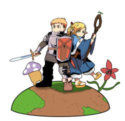 1boy 1girl armor blonde_hair boots braid dungeon_meshi elf hair_ribbon hill laios_touden laios_touden marcille_donato marushiru mushroom orange_eyes plant_monster pointy_ears ribbon sandals shield simple_background staff sword walking_mushroom_(dungeon_meshi) weapon white_background yellow_eyes yog