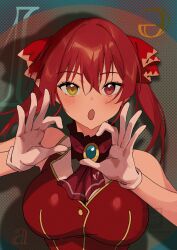 1girl :o alcoholrang blush breasts gloves hair_between_eyes hair_ornament hair_ribbon heterochromia highres hololive houshou_marine houshou_marine_(1st_costume) jewelry long_hair looking_at_viewer medium_breasts open_mouth red_eyes red_hair red_shirt ribbon shirt simple_background solo twintails virtual_youtuber white_gloves yellow_eyes