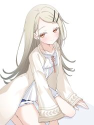 1girl blonde_hair blush closed_mouth denim denim_shorts dress gakuen_idolmaster highres idolmaster jacket long_hair looking_at_viewer orange_eyes preste shinosawa_hiro shorts sitting smile solo sweat wariza white_dress yellow_jacket
