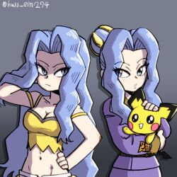 2girls ancestor_and_descendant artist_name bare_arms bare_shoulders blue_eyes blue_hair breasts camisole capri_pants cleavage collarbone formal_clothes galaxy_expedition_team_survey_corps_uniform gen_2_pokemon hair_bun holding holding_pokemon huss jacket karen_(pokemon) light_blue_hair long_hair long_sleeves midriff multiple_girls navel nintendo pants parted_hair pichu pokemon pokemon_(creature) pokemon_hgss pokemon_legends:_arceus purple_jacket purple_skirt purple_suit related sanqua_(pokemon) single_hair_bun skirt spaghetti_strap suit twitter_username wavy_hair white_pants yellow_camisole