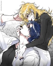 1boy 1girl bishounen black_nails blonde_hair blue_eyes blue_hair dio_brando genderswap genderswap_(mtf) highres jojo_no_kimyou_na_bouken jonathan_joestar long_hair multiple_boys phantom_blood rbcnksgonqtz6c8 red_eyes smile