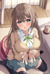 1girl black_thighhighs blue_skirt breasts brown_cardigan brown_hair cardigan carpet coaster coffee coffee_mug cup cupping_hands cushion full_body green_eyes green_ribbon hair_ornament hairclip indoors large_breasts long_hair long_sleeves looking_at_viewer mug open_mouth original own_hands_together pleated_skirt ribbon school_uniform sena_chifuyu shirt sitting skirt solo table thighhighs wariza white_shirt wooden_floor