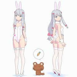 Rule 34 | 1girl, animal ears, ass, award ribbon, bare shoulders, blue eyes, blush, bow, bow legwear, bowtie, breasts, bunny day, carrot, closed mouth, commentary request, detached collar, eromanga sensei, fake animal ears, fake tail, full body, grey hair, groin, hair bow, high heels, izumi sagiri, leotard, long hair, looking at viewer, low-tied long hair, multiple views, pink bow, playboy bunny, poporon (henkuma), rabbit ears, rabbit tail, sidelocks, simple background, small breasts, smile, speech bubble, spoken food, standing, strapless, strapless leotard, stuffed squirrel, tail, thighhighs, very long hair, white background, white bow, white bowtie, white footwear, white leotard, white thighhighs, white wrist cuffs, wrist cuffs