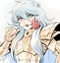 1boy armor blue_eyes blue_hair cape eyelashes flower glint gold_armor gold_cloth gold_saint hand_up holding holding_flower long_hair looking_at_viewer male_focus mizuhara_aki mole mole_under_eye open_mouth pauldrons pisces_aphrodite red_flower red_rose rose saint_seiya shoulder_armor solo upper_body white_cape
