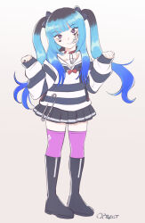 1girl amemiya_darumi black_bow black_hair black_skirt blue_hair bow collarbone eyebrows face_piercing female_focus full_body hands_up heart lip_piercing long_hair looking_at_viewer makeup multicolored_hair piercing pink_eyes pink_thighhighs pleated_skirt safety_pin shirt simple_background skirt smile solo solo_focus standing striped_clothes striped_shirt striped_skirt the_hundred_line_-last_defense_academy- thighhighs twintails white_background