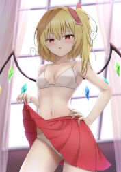 1girl ? absurdres armpits backlighting blonde_hair bloom blush bow bow_bra bra breasts clothes_lift collarbone commentary_request cowboy_shot crystal flandre_scarlet hair_between_eyes hair_bow hand_on_own_hip hand_up highres indoors lifting_own_clothes light_blush looking_at_viewer looking_down medium_hair midriff miniskirt navel no_headwear no_shirt one_side_up open_mouth panties pleated_skirt red_bow red_eyes red_skirt skirt skirt_lift slit_pupils small_breasts solo speech_bubble spoken_question_mark stomach szl touhou tsurime underwear variant_set white_bra white_panties window wings
