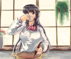 1girl apron black_hair cooking elfen_lied highres holding holding_saucer japanese_clothes kappougi kimono ladle long_hair nozomi_(elfen_lied) pot saucer saury_(artist) tagme