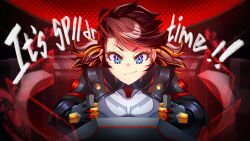 1girl absurdres blue_eyes bodysuit brown_hair closed_mouth cockpit english_text eyelashes highres izzu marvel marvel_rivals multicolored_hair orange_hair peni_parker short_twintails smile solo spider-man_(series) twintails two-tone_hair v-shaped_eyebrows