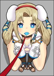 absurdres animal_ear_hairband animal_ears between_legs bikini blonde_hair blony_(mabinogi) blue_eyes collar condom condom_in_mouth etiopiaalicha fake_animal_ears hairband hand_between_legs heart heart-shaped_pupils highres mabinogi mouth_hold navel rabbit_ear_hairband rabbit_ears sitting swimsuit symbol-shaped_pupils wariza