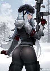 1girl ass assault_rifle blush camouflage gdat girls&#039;_frontline gloves goggles goggles_on_headwear green_eyes gun h&amp;k_hk416 hair_ornament helmet hk416_(fang)_(girls&#039;_frontline) hk416_(girls&#039;_frontline) holding holding_gun holding_weapon jacket last_man_battalion long_hair looking_back mask mask_on_head red_gloves respirator rifle snow_camouflage solo tom_clancy&#039;s_the_division weapon winter_uniform