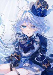 1girl absurdres ascot black_gloves blue_ascot blue_eyes blue_hair blue_hat blue_jacket commentary cowboy_shot furina_(genshin_impact) genshin_impact gloves hat heterochromia highres jacket long_hair long_sleeves mahiru_yura parted_lips purple_eyes shorts sitting solo white_shorts