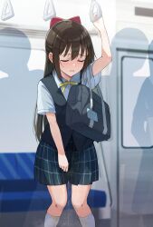 1girl absurdres bag black_vest blue_bag blue_shirt blue_skirt blush bow brown_hair closed_eyes closed_mouth collared_shirt hair_between_eyes hair_bow half_updo hand_grip have_to_pee highres kneehighs large_variant_set long_hair looking_down love_live! love_live!_nijigasaki_high_school_idol_club neck_ribbon nijigasaki_school_uniform osaka_shizuku peeing peeing_self people plaid_clothes plaid_skirt red_bow ribbon school_bag school_uniform shirt short_sleeves sidelocks skirt socks speech_bubble standing tata_(tataice) textless_version train_interior upper_body variant_set vest wet wet_clothes wet_skirt wet_socks white_socks winter_uniform yellow_ribbon