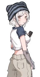 breasts cellphone from_behind highres holding holding_phone large_breasts looking_back original paragasu_(parags112) phone shirt short_hair smartphone tagme white_hair white_shirt