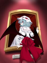 1girl ascot back_bow bat_wings blue_hair bow empty_picture_frame fingernails frilled_shirt_collar frilled_wrist_cuffs frills from_behind hat hat_ribbon looking_back medium_hair mob_cap picture_frame plaque pointy_ears puffy_short_sleeves puffy_sleeves red_bow red_eyes red_nails red_ribbon remilia_day remilia_scarlet ribbon sailor_collar senao_o172 sharp_fingernails short_sleeves sitting solo touhou wings wrist_cuffs