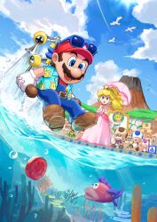 1girl 4boys absurdres bird blue-framed_eyewear blue_eyes blue_overalls blue_shirt blue_sky blue_toad_(mario) brown_shoes cloud cloudy_sky coin crown day dress eyewear_on_headwear f.l.u.d.d. facial_hair fish gloves hat highres holding holding_umbrella mario mario_(series) multiple_boys mustache nintendo open_clothes open_mouth open_shirt overalls parasol pink_dress pink_umbrella princess_peach red_coin red_hat sasaki_sakiko shine_sprite shirt shoes sky smile solo_focus sunglasses super_mario_sunshine teeth umbrella volcano water white_bird white_gloves