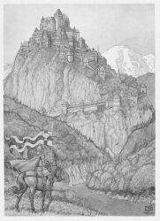 1boy armor arthurian_legend artist_name castle chalice christian_sloan_hall cup flag graphite_(medium) greyscale highres holding holding_flag knight monochrome mountain parzival_(mythology) riding river roman_numeral saddle shield solo traditional_media tree