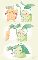 ^_^ arm_grab artist_name ash_ketchum chikorita closed_eyes commentary fingerless_gloves full_body gen_1_pokemon gen_2_pokemon gloves green_gloves happy headpat heart highres jealous lying mugita_konomi nintendo on_stomach open_mouth petting pikachu pokemon pokemon_(anime) pokemon_(classic_anime) pokemon_(creature) pout red_eyes simple_background smile standing sweatdrop tongue twitter_username v-shaped_eyebrows v_arms vine_whip