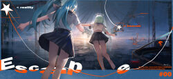 2girls absurdres barefoot black_skirt blue_border blue_hair blue_sailor_collar border collared_shirt commentary_request dated ferris_wheel from_behind green_hair gumi halftone halo hatsune_miku highres horizon incredibly_absurdres kneepits midriff miniskirt multiple_girls ocean outdoors pleated_skirt real_liz sailor_collar school_uniform serafuku shirt short_sleeves signature skirt sky soles star_(symbol) title twilight twintails vocaloid white_shirt