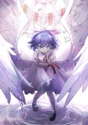 Rule 34 | 1girl, absurdres, angel wings, black shoes, blue eyes, blue hair, bow, closed mouth, commentary request, dress, feathered wings, frilled dress, frills, full body, hair bow, hand on own face, highres, kneehighs, mai (touhou), mary janes, neck ribbon, puffy short sleeves, puffy sleeves, red ribbon, red sash, ribbon, rokuya (68 zusao), sash, shoes, short hair, short sleeves, smile, smirk, socks, solo, standing, standing on liquid, touhou, touhou (pc-98), water, white dress, white shoes, white socks, white wings, wings