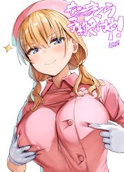 1girl belko blonde_hair blue_eyes blush breasts closed_mouth collared_dress commentary_request dress gloves hat highres large_breasts low_twintails nurse_cap original pink_dress simple_background smile solo sparkle twintails white_background white_gloves