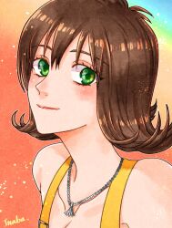 1girl brown_hair closed_mouth final_fantasy final_fantasy_viii flipped_hair green_eyes highres inaba_tomoe jewelry looking_at_viewer necklace selphie_tilmitt short_hair smile solo