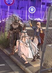 absurdres barefoot blindfold blue_eyes braid brother_and_sister doll_joints dress duchess_(elden_ring) elden_ring elden_ring_nightreign flower flower_wreath head_wreath highres jewelry joints long_hair looking_at_viewer low_twin_braids meme pun-rii revenant_(elden_ring) siblings twin_braids v veil white_dress white_hair white_veil wylder_(elden_ring)