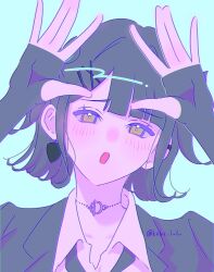 Rule 34 | 1girl, :o, black jacket, black necktie, blue background, collared shirt, commentary request, double \||/, earrings, embarrassed, green eyes, hair ornament, highres, i do me! (love live!), jacket, jewelry, kzkz lvlv, link! like! love live!, looking at viewer, love live!, momose ginko, necktie, official alternate costume, open clothes, open jacket, open mouth, portrait, purple theme, shirt, single earring, solo, twitter username, upper body, virtual youtuber, white shirt, x hair ornament