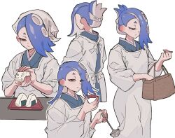 1girl apron bag cooking food highres kappougi long_sleeves nintendo one_eye_covered onigiri red_eyes rice sake_onicure shiver_(splatoon) splatoon_(series) splatoon_3 spoon tentacle_hair