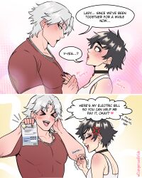 1boy 1girl absurdres anger_vein artist_name black_choker black_hair black_nails blue_eyes blush choker closed_eyes dangerousbride dante_(devil_may_cry) devil_may_cry_(netflix) devil_may_cry_(series) highres holding_hands jewelry lady_(devil_may_cry) nail_polish necklace red_eyes shirt speech_bubble white_hair white_shirt