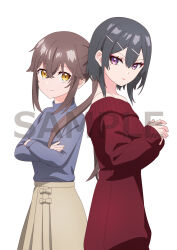 2girls anime_coloring back-to-back bare_shoulders black_hair bob_cut brown_hair cowboy_shot crossed_arms hair_between_eyes hoshizaki_(sasaki_to_p-chan) long_hair long_sleeves looking_at_viewer multiple_girls nakashiki_saori otonari-san_(sasaki_to_p-chan) ponytail purple_eyes red_sweater sample_watermark sasaki_to_p-chan shirt short_hair simple_background skirt sweater tsurime turtleneck turtleneck_shirt v-shaped_eyebrows watermark white_background yellow_eyes