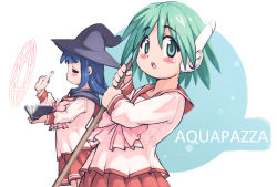 2girls blue_hair blush book closed_eyes green_eyes green_hair hat kurusugawa_serika multi_(to_heart) multiple_girls open_mouth school_uniform tagme to_heart to_heart_(series) witch_hat yu_3