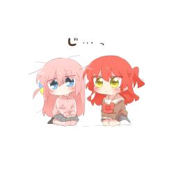 Rule 34 | 2girls, blue eyes, blush, bocchi the rock!, brown shirt, chibi, chibi only, full body, gotoh hitori, grey skirt, jacket, kita ikuyo, long hair, long sleeves, multiple girls, pink hair, pink jacket, pleated skirt, rebecca (keinelove), red hair, school uniform, seiza, shirt, simple background, sitting, skirt, socks, sweat, white background, white socks, yellow eyes