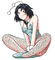 Rule 34 | 1girl, alternate costume, antennae, black hair, blue footwear, blue leotard, breasts, brown eyes, brown hair, fishnet pantyhose, fishnets, girls und panzer, girls und panzer phase erika, headband, high heels, leotard, looking at viewer, matsumoto (matsumoto kougyou), pantyhose, playboy bunny, short hair, smile, staring, touko (girls und panzer)
