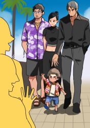 Rule 34 | 1girl, 3boys, ^ ^, beard, belt, black belt, black hair, black pants, black shirt, black shorts, blue footwear, blue shorts, brown footwear, chibi, closed eyes, closed mouth, collared shirt, day, eric tomizawa, facial hair, fujinomiya chitose (ryuu ga gotoku), glasses, gold necklace, grey hair, grey pants, hair bun, hawaiian shirt, jewelry, kasuga ichiban, kiryu kazuma, long sleeves, multiple boys, necklace, nug, outdoors, pants, purple shirt, red shirt, ryuu ga gotoku (series), ryuu ga gotoku 8, sandals, shirt, short hair, short sleeves, shorts, smile, v-shaped eyebrows, white shirt