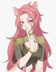 1girl animal_ears bracelet breasts brown_shirt cleavage clothing_cutout cropped_torso curtained_hair finger_to_mouth fox_ears fox_girl hair_strand hajimari_no_kioku highres jewelry long_hair looking_at_viewer medium_breasts navel_cutout orange_shawl parted_lips phruity pink_eyes pink_hair pink_nails rozu_ki see-through_clothes see-through_shawl see-through_sleeves shawl shirt short_sleeves simple_background solo white_background