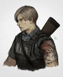 Rule 34 | 1boy, bandaged arm, bandages, black vest, blonde hair, blood, blood on clothes, blood on face, bloody bandages, blue eyes, blue shirt, closed mouth, clothes writing, collared shirt, commentary, cropped arms, cropped torso, english commentary, ericson blum, gun, gun on back, highres, leon s. kennedy, looking ahead, male focus, profile, resident evil, resident evil 2, resident evil 2 (remake), rifle, shirt, short sleeves, signature, simple background, solo, torn clothes, torn shirt, vest, weapon, weapon on back, white background, wing collar