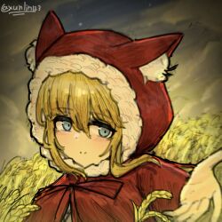 Rule 34 | animal ear fluff, animal ears, animal hood, black ribbon, black souls, black souls 2, blonde hair, blue eyes, blue sky, cape, capelet, cat ears, cat hood, cloud, cloudy sky, evening, fur hood, fur trim, hair between eyes, hair over eyes, hood, hood up, light blush, light smile, looking at viewer, outstretched hand, red cape, red capelet, red hood (black souls), ribbon, short hair, sidelocks, signature, simple background, sky, star (sky), wheat field, xun lin (pixiv 93392103), yellow clouds