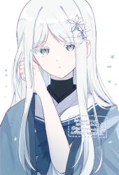 1girl adjusting_hair artist_name blue_archive blue_kimono colored_eyelashes commentary_request expressionless eyelashes eyes_visible_through_hair grey_eyes hair_ornament hand_up highres japanese_clothes kimono kimono_on_shoulders kuritiizu light_blush long_hair looking_at_viewer nagusa_(blue_archive) parted_bangs parted_lips sailor_collar school_uniform serafuku simple_background snowflake_hair_ornament solo straight_hair tsurime upper_body white_background white_eyelashes white_hair white_sailor_collar