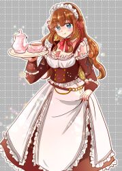 1girl apron apron_hold assault_lily belt black_ribbon blue_eyes blush bow bowtie breasts brown_belt brown_dress brown_hair cleavage closed_mouth commentary_request cup detached_collar detached_sleeves dress feet_out_of_frame frilled_apron frilled_dress frilled_sleeves frills grey_background grid_background hair_ribbon hand_up holding holding_tray kaede_johan_nouvel light_particles long_hair long_sleeves looking_at_viewer loose_belt maid maid_headdress medium_breasts o-ring o-ring_belt official_alternate_costume red_bow red_bowtie red_ribbon ribbon saucer shindo sidelocks sleeve_ribbon sleeveless sleeveless_dress smile solo standing tea teacup teapot tray waist_apron wavy_hair white_apron