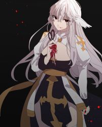 1girl arch_bishop_(ragnarok_online) black_background blood blood_from_mouth blood_on_hands blush breasts cleavage cleavage_cutout closed_mouth clothing_cutout commentary_request cowboy_shot cross datenshi_no_fu dress expressionless feathered_wings hair_between_eyes head_wings highres holding holding_scissors juliet_sleeves large_breasts long_bangs long_hair long_sleeves looking_at_viewer pelvic_curtain puffy_sleeves ragnarok_online red_eyes red_pupils sash scissors sidelocks thighhighs two-tone_dress very_long_hair white_dress white_hair white_thighhighs white_wings wings yellow_sash
