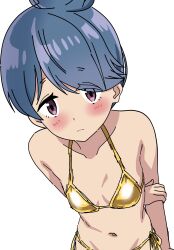 1girl absurdres bikini blue_hair breasts gold_bikini hair_bun highres looking_at_viewer purple_eyes riokasen shima_rin small_breasts solo swimsuit white_background yurucamp
