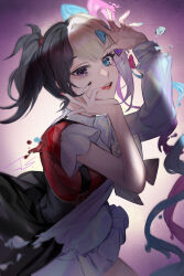 Rule 34 | 1girl, ame-chan (needy girl overdose), artist name, black hair, black skirt, blonde hair, blue eyes, blue hair, blue serafuku, blue shirt, blue skirt, bow, chouzetsusaikawa tenshi-chan, commentary request, dual persona, empty eyes, gradient background, hair bow, highres, jpdjs, long sleeves, looking at viewer, multicolored hair, needy girl overdose, open mouth, pink hair, polish text, purple background, red shirt, school uniform, serafuku, shirt, short sleeves, signature, skirt, smile, split theme, tears, twintails, yellow background