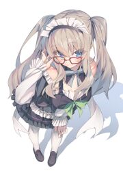 Rule 34 | 1girl, 9-nine-, adjusting eyewear, bare shoulders, black dress, black shoes, blue eyes, blush, bow, bowtie, breasts, brown hair, cleavage, closed mouth, commentary, detached collar, detached sleeves, dress, dress bow, eyes visible through hair, foreshortening, frilled dress, frilled sleeves, frills, full body, glasses, green bow, grey bow, grey bowtie, hair between eyes, hand on own knee, highres, kujou miyako, large breasts, leaning forward, loafers, long hair, long sleeves, looking at viewer, maid, maid headdress, nine ball maid uniform, official alternate costume, official alternate hairstyle, pantyhose, red-framed eyewear, shadow, shiro youduki, shoes, sidelocks, simple background, sleeveless, sleeveless dress, smile, solo, split mouth, standing, twintails, very long hair, white background, white pantyhose, wide sleeves