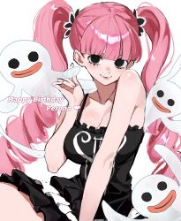 1girl absurdres bare_shoulders black_dress black_eyes blush breasts character_name cleavage collarbone dress drill_hair ghost happy_birthday highres kasumi_6 large_breasts looking_at_viewer one_piece perona pink_hair sleeveless sleeveless_dress smile solo twin_drills twintails